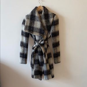 Barney’s wool plaid belted trench wrap coat